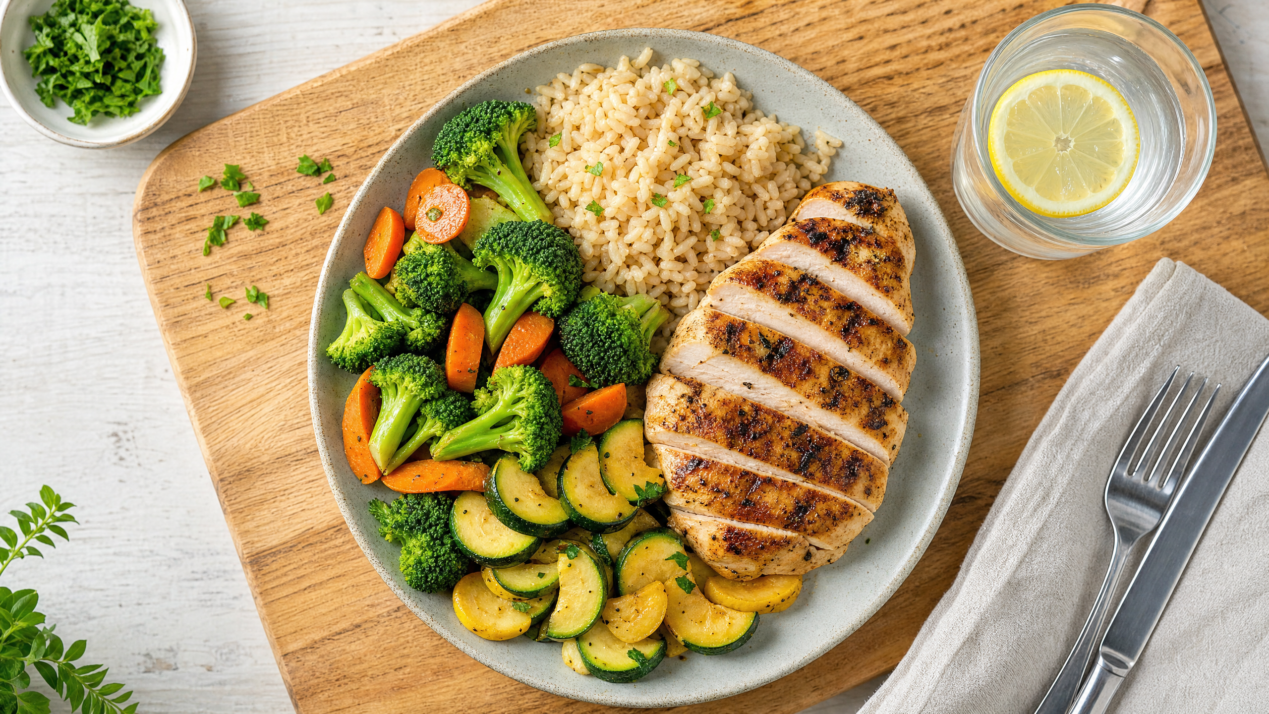 Prato saudável com frango e legumes